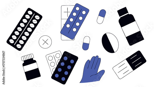 Collection of medicine, pills, and medical supplies for healthcare and treatment.