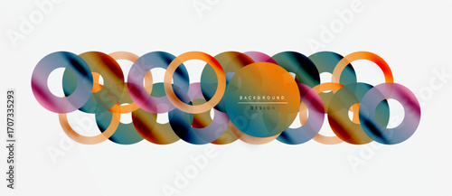 Abstract colorful circles overlap creating modern design. Gradient hues blend, forming dynamic visual composition. Minimalist background enhances shapes.