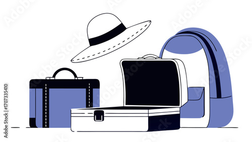 
Packing essentials for travel with open suitcase, backpack, and hat.