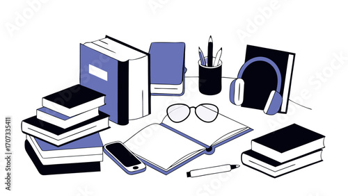 Desk filled with books, a phone, headphones, and a cup of pens and pencils.