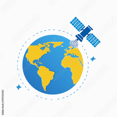 Minimalist Vector Illustration of Satellite Orbiting Earth