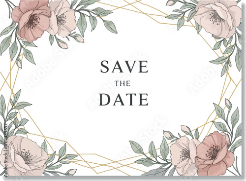 Floral Illustration Save The Date Card With Pink and Green Flowers and Gold Geometric Lines