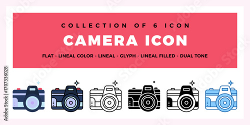 Collection of 6 Camera Icons Flat. Lineal. Glyph Styles