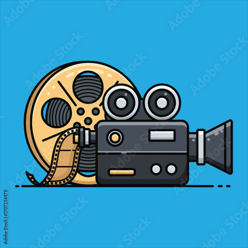 A stylized illustration of a vintage film camera and film reel with a blue background.