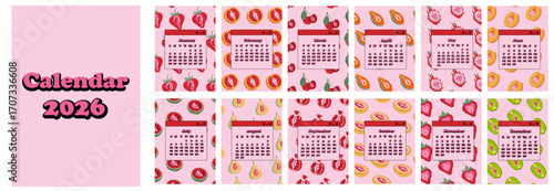 Cute 2026 Monthly Calendar with various sliced fruits creatively designed with abstract feminine symbols in a modern artistic style	