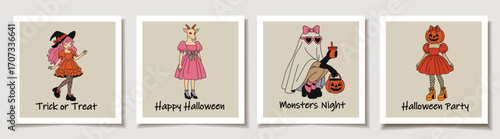 Set of four Halloween Fashion Art with Witch, Ghost, Goat, and Pumpkin Characters on Halloween Cards