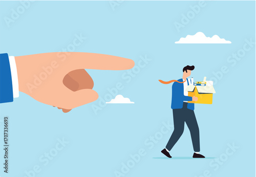 Manager hand pointing finger to fire employee. Concept of firing or laying off staff due to underperformance or misconduct, job loss, unemployment
