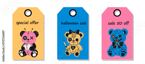 Discount Price Tags with Colorful Halloween Bears with Horror Elements 