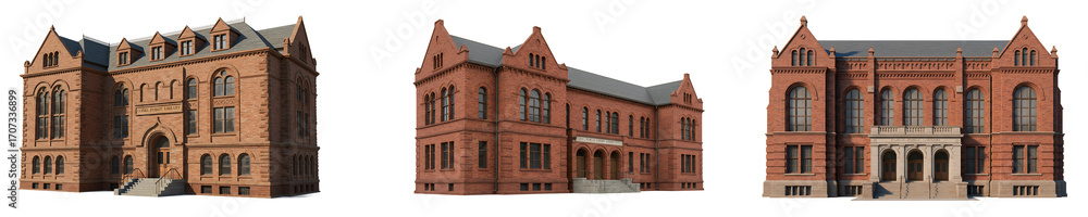 Obraz premium Historic Brick School University Building Isolated Transparent Background