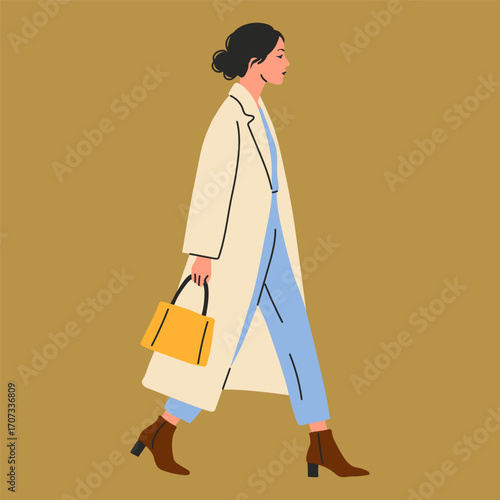 Stylish Female Character in Light Trench and Heeled Boots