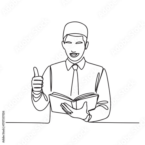 One single line Art drawing of young male muslim businessman giving thumbs up getures while read a book. with white background