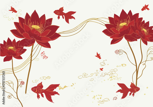 Illustration Of Red Lotus And Goldfish Over Light Beige Background
