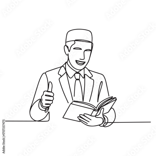One single line Art drawing of young male muslim businessman giving thumbs up getures while read a book. with white background