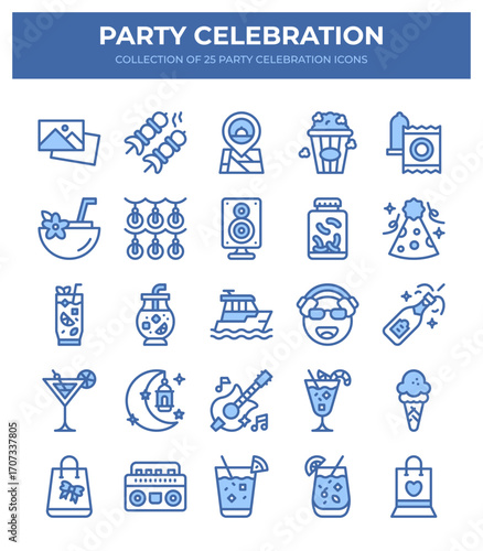 Party Celebration Icons. 25 Unique Blue Line Art Graphics