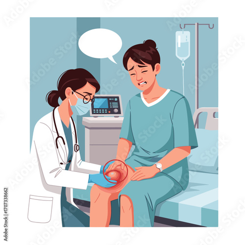Caring doctor examines patient's painful swollen knee in hospital, offering comfort and medical expertise