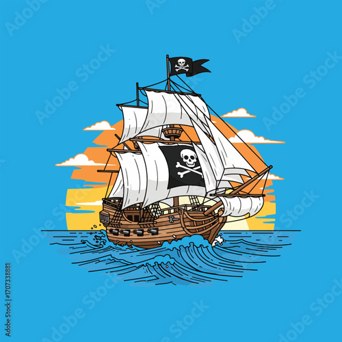 A pirate ship sails across the ocean at sunset, with a black flag and skull and crossbones.