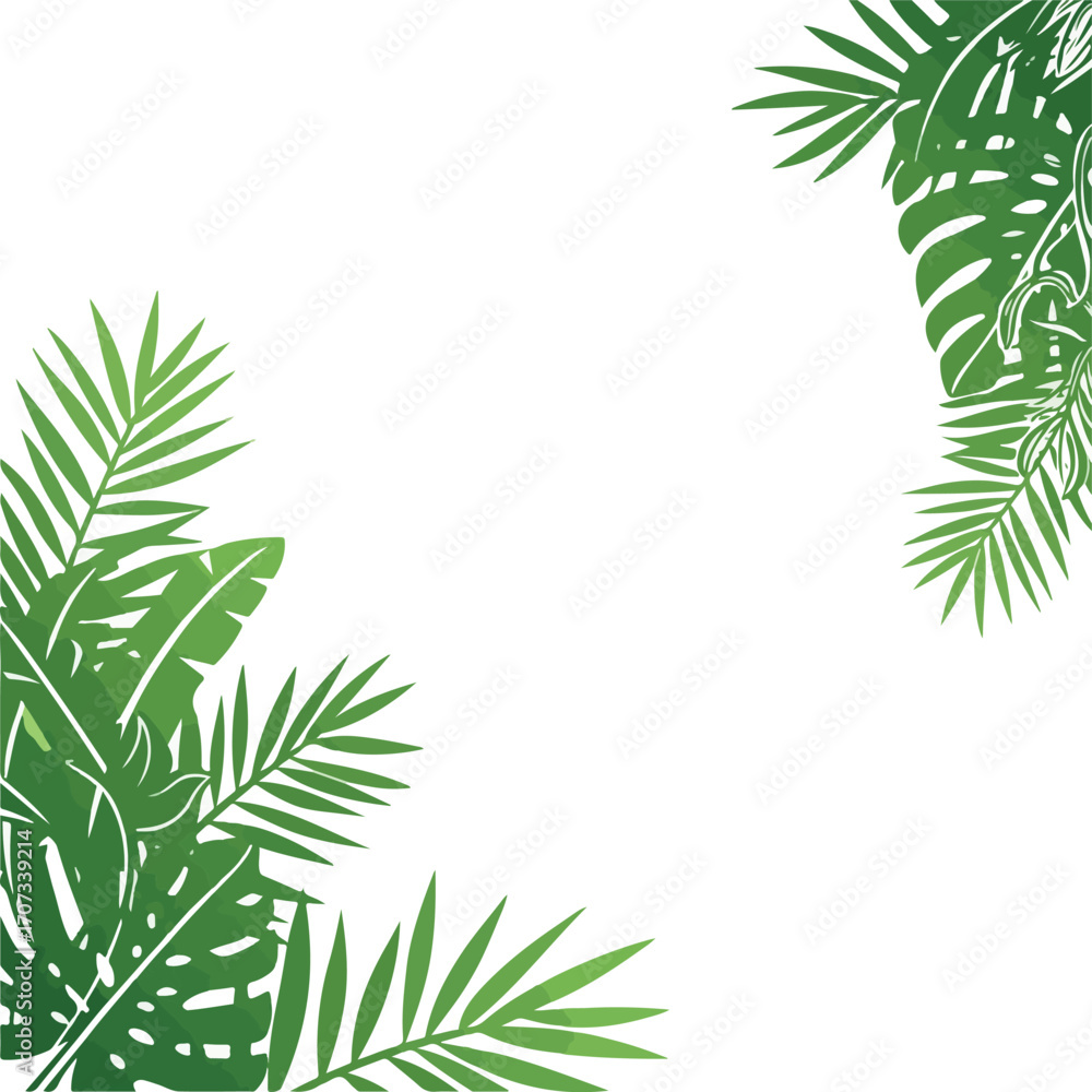 Fototapeta premium Tropical Green Leaves Border Illustration with White Background