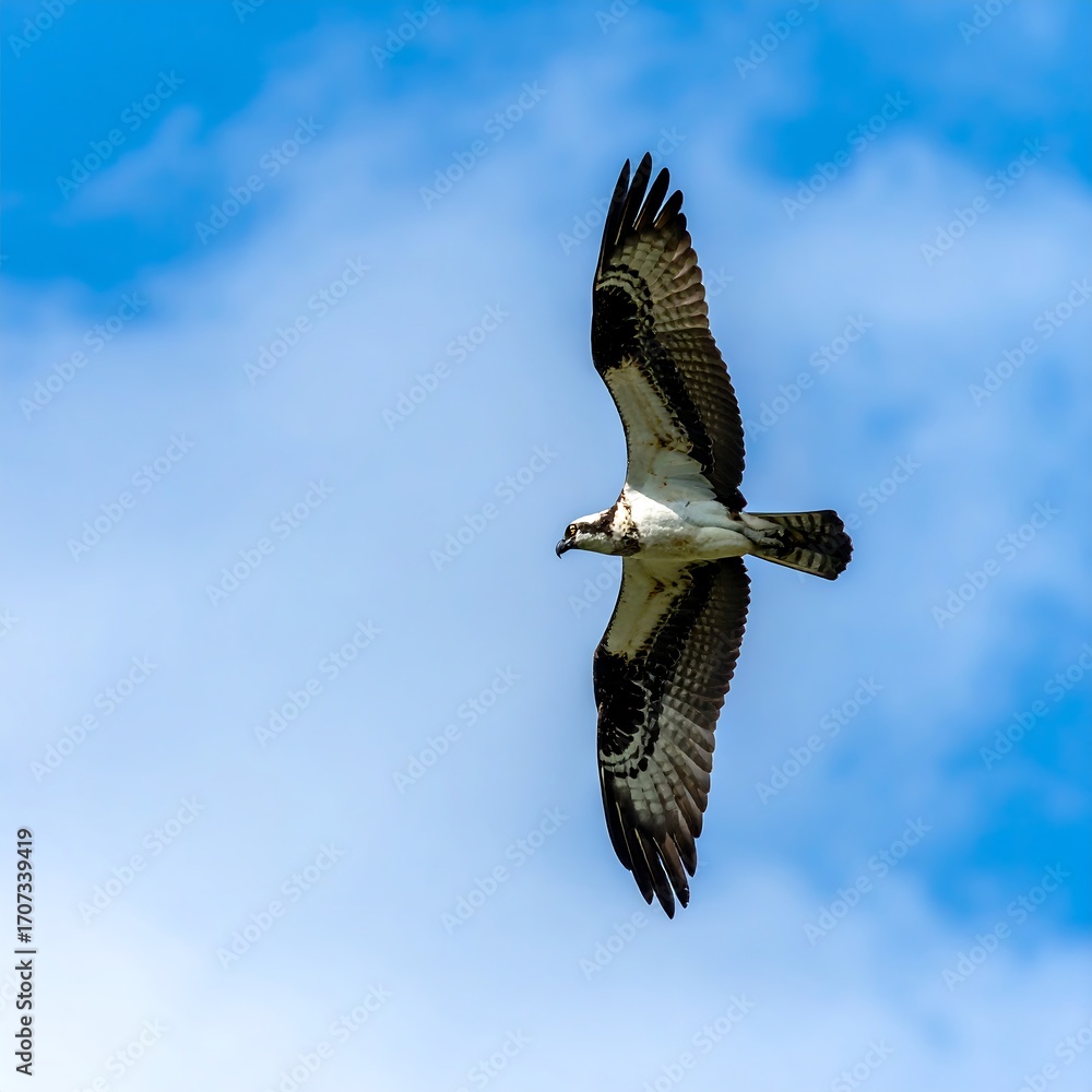 Fototapeta premium Osprey soaring, blue sky, clouds, coastal flight