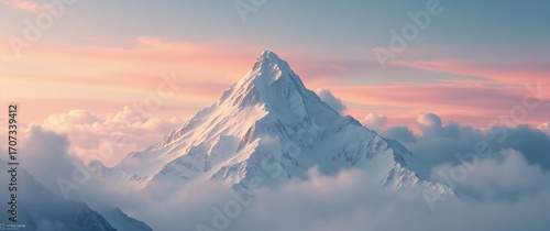 Snowy mountain peak emerging from misty clouds at sunset