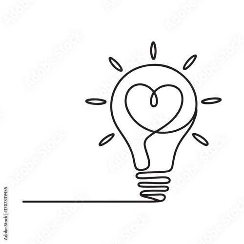 One continuous line Art drawing of shining lightbulb with power love icon logo emblem. Creative attraction symbol logotype template concept. with white background
