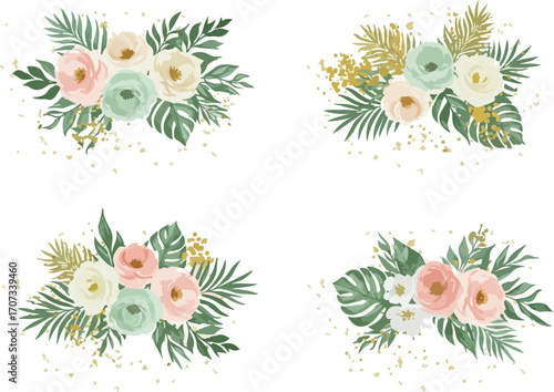 Watercolor Floral Arrangements Illustration with Pink Roses Greenery and Gold Accents