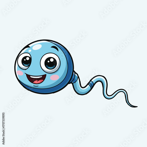 A cheerful cartoon sperm cell with big eyes and a happy expression.