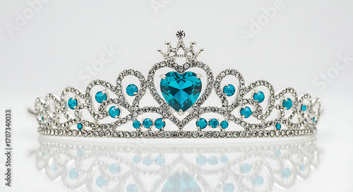 A stunning silver tiara featuring a large, heart-shaped turquoise stone and intricate diamond-like filigree design.