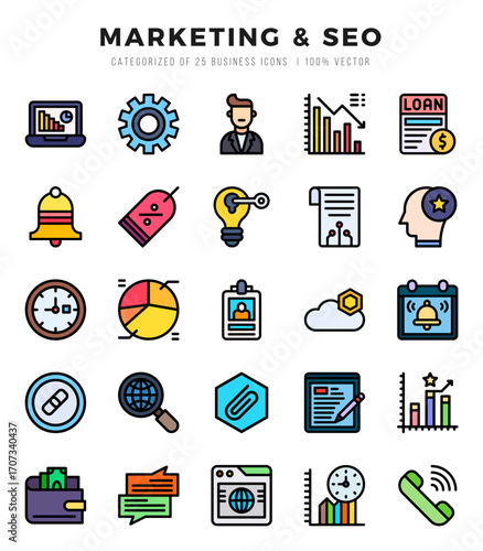 Marketing & SEO Icons Pack. Lineal Color icons set. Lineal Color icon collection set.