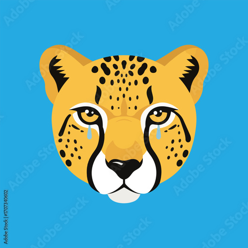 Sad cheetah head illustration, stylized,  tears,  blue background,  wildlife art.