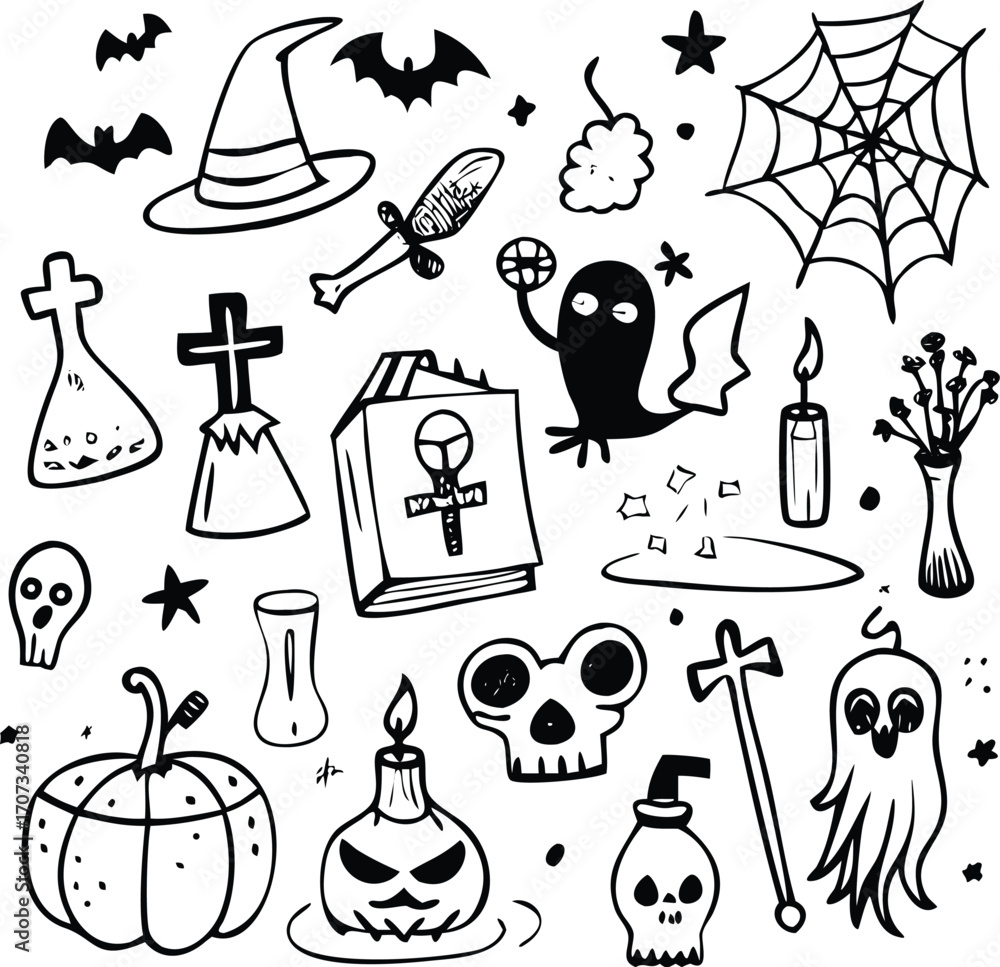 Obraz premium Halloween Icon File, Halloween Doodle Design, Black Doodles File