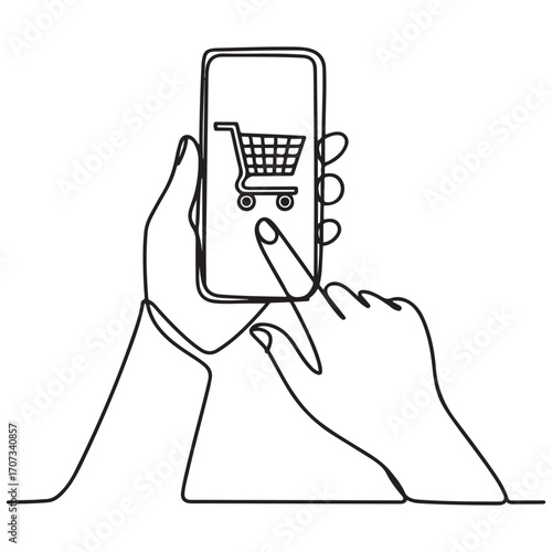 Single one line Art drawing hands holding smartphone with shopping cart image and touching screen. with white background