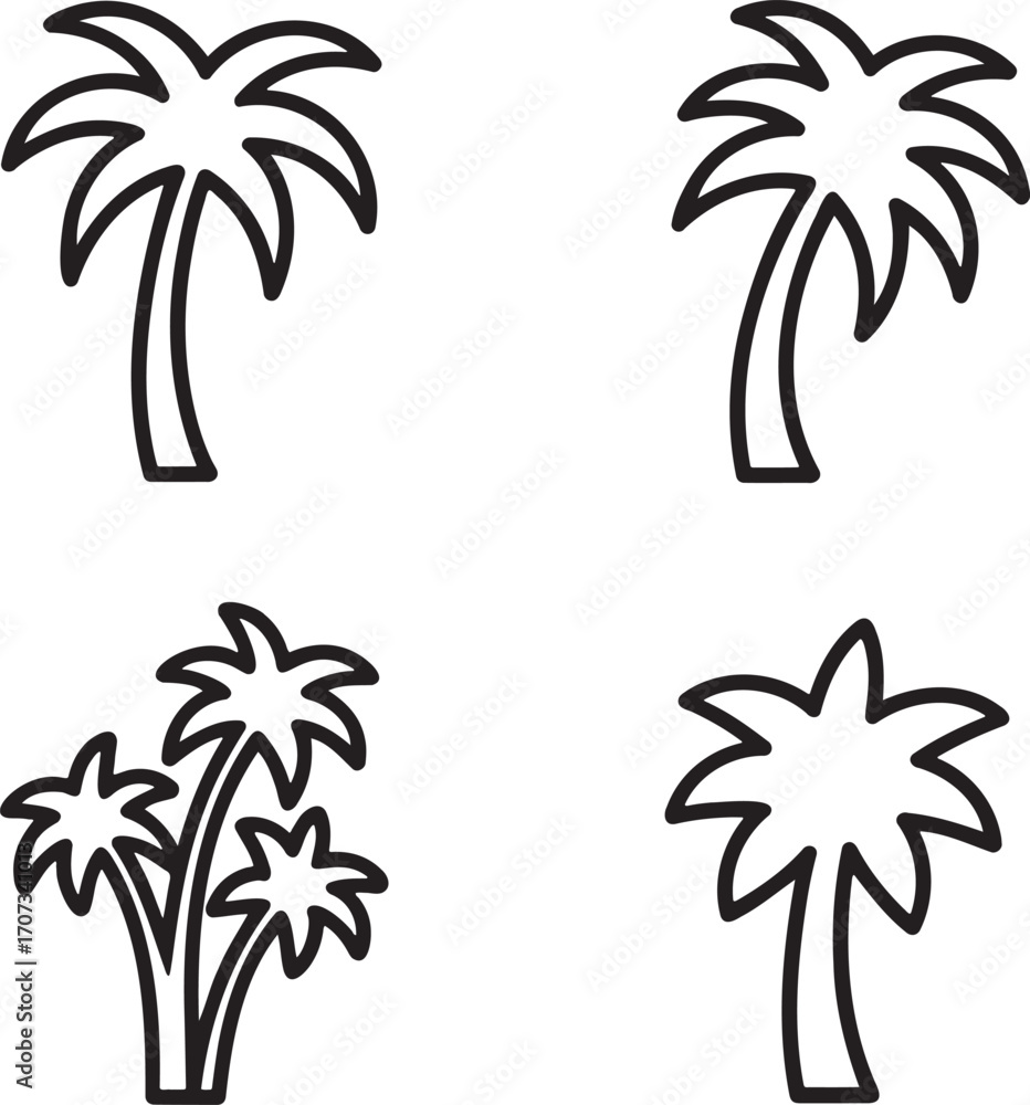 Obraz premium Set of Palm tree Outline vector illustration isolated On Transparent Background