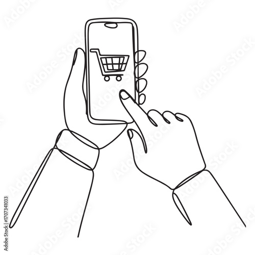 Single one line Art drawing hands holding smartphone with shopping cart image and touching screen. with white background