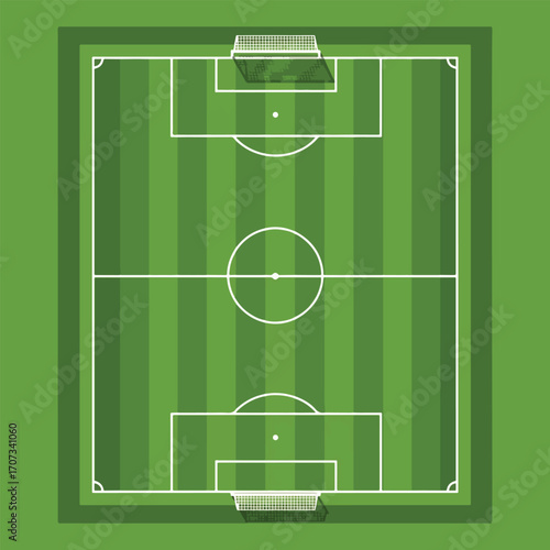 A top-down, flat illustration of a green soccer field with all markings and goals.