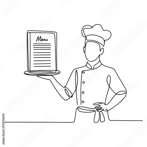 Single continuous line Art drawing of young friendly man chef in uniform pose serving menu at screen display. with white background