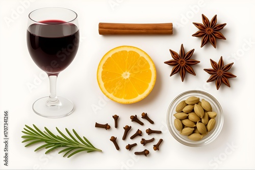 Wallpaper Mural A flat lay photo of mulled wine ingredients showcasing a wine glass, orange slice, cinnamon stick, star anise, cloves, cardamom, and a rosemary sprig on a white background.  Torontodigital.ca