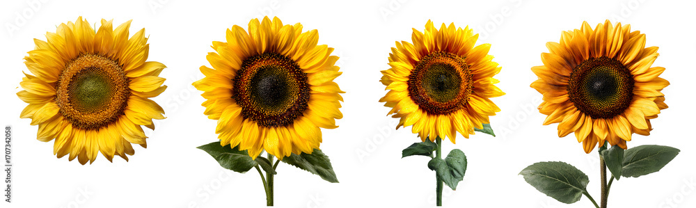 Naklejka premium Set of realistic sunflowers isolated on white background, cut out, transparent PNG for floral and botanical design
