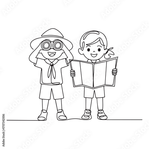 Continuous one line Art drawing scout boy and girl with binoculars and map. Children scout adventure camping concept. with white background