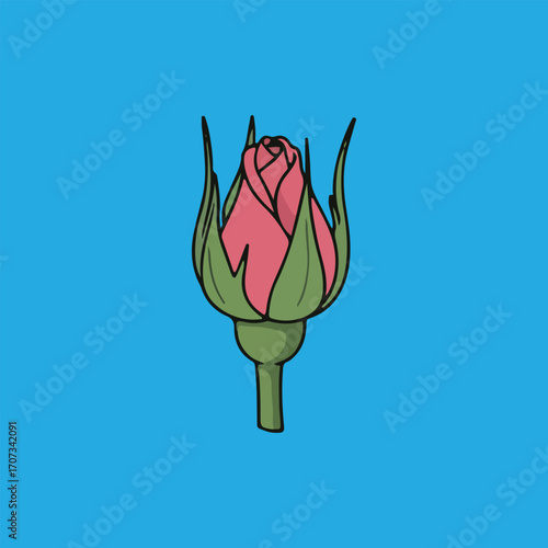 A closed pink rosebud, delicately drawn, against a vibrant blue background.
