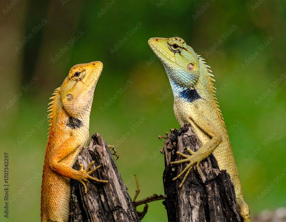 Obraz premium Two lizards on a tree stump