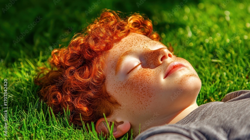Naklejka premium Boy relaxing on grass