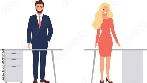 Business professionals standing behind office desks, formal attire, workplace diversity and presentation concept, vector illustration for stock content.