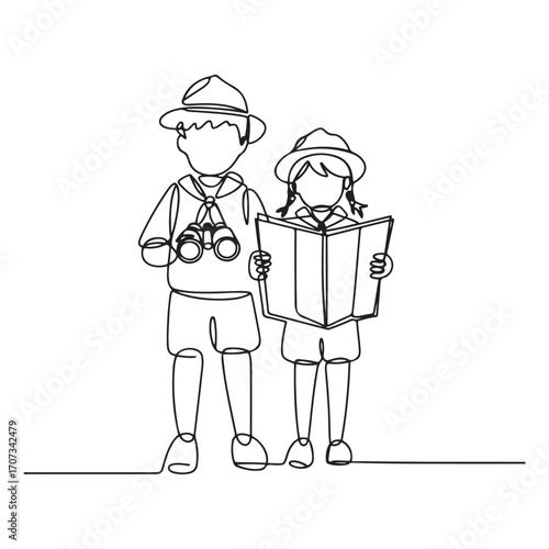 Continuous one line Art drawing scout boy and girl with binoculars and map. Children scout adventure camping concept. with white background