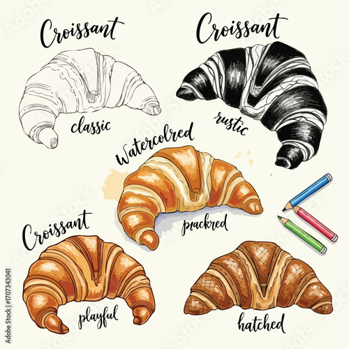 Croissant Bakery Pastry Styles Classic Rustic Watercolor Pencil Sketch Playful Hatched Vector Illustration