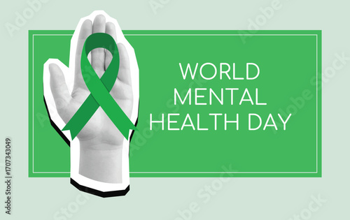 Black and white hand with a green ribbon. World mental health day. Modern collage style. Vector illustration