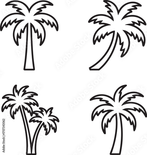 Set of Palm tree Outline vector illustration isolated On Transparent Background