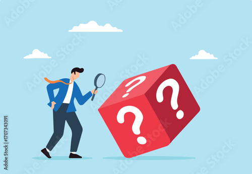 Businessman examines dice with question mark using magnifying glass, illustrating random chance, gambling, risk management, and analyzing opportunities. Concept of predicting unknown and uncertainty 