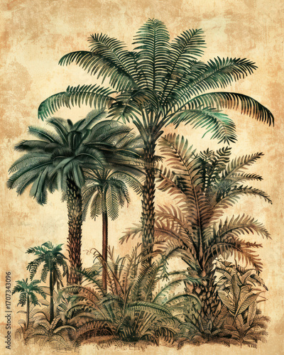 prehistoric; plants; ferns; vintage; illustration; botanical; cycads; ancient; palm-like; greenery; foliage; nature; antique; drawing; retro; parchment; tropical; leaves; exotic; forest; vegetation; n