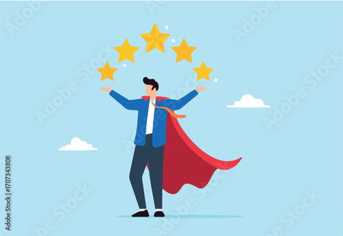 Superhero businessman holds big golden 5 star customer rating feedback. Concept of excellent service, quality, and strong professional reputation, earning awards and top ratings