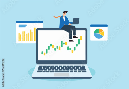 Businessman using laptop to analyze forex trading graphs and financial data, illustrating cryptocurrency investing. Concept of technical analysis for investments, and studying stock market 